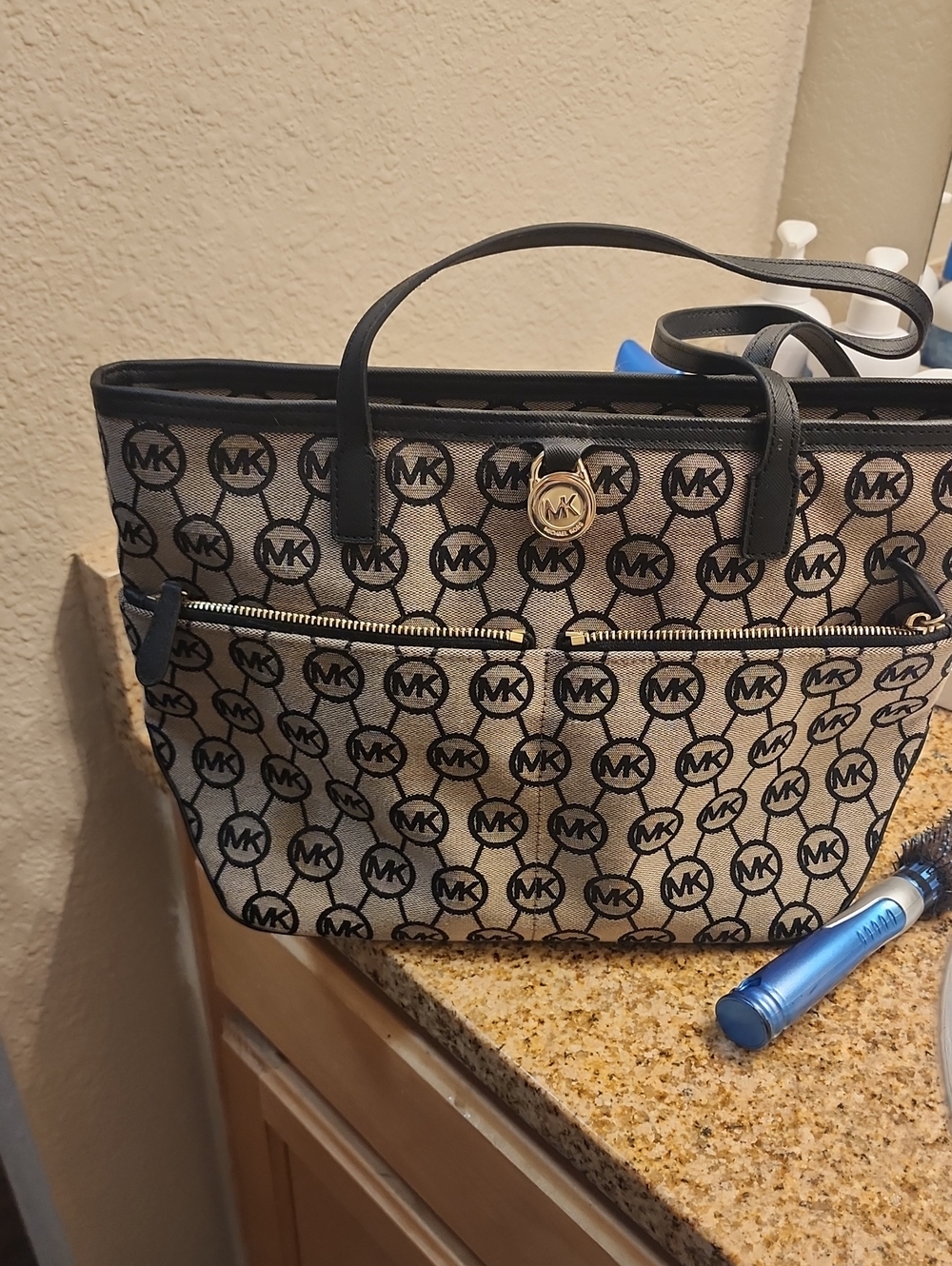 Michael Kors Black & Beige Logo Jacquard Tote